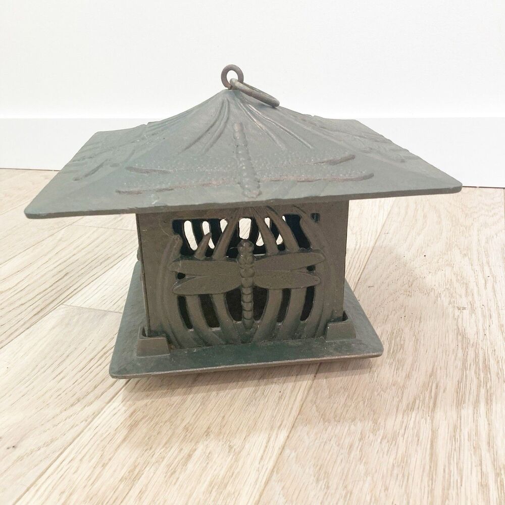 VTG Japanese Style Pagoda Dragonfly Cast Iron Lantern Candleholder 10”